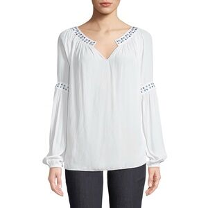 Ramy Brook Wyatt Round-Neck Blouson-Sleeve Shirred Top with Studs in Ivory Small